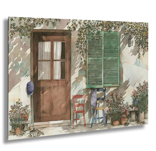 a quaint, rustic-style house with a wooden door, green shutters, and a red chair. The house is surrounded by potted plants and flowers, creating a charming and inviting atmosphere.