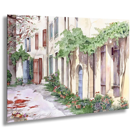 A watercolor painting depicting a charming European street lined with colorful buildings, lush greenery, and vibrant flowers.