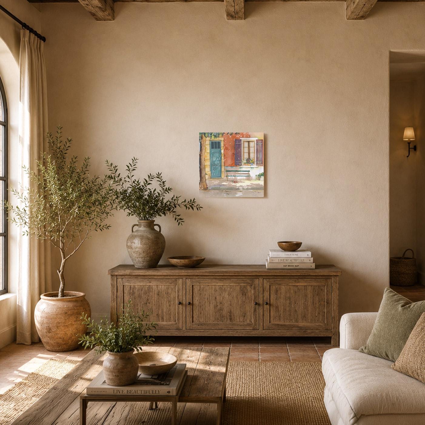 a cozy living room with a wooden cabinet, a sofa, and various decorative elements such as potted plants, vases, and a painting on the wall.