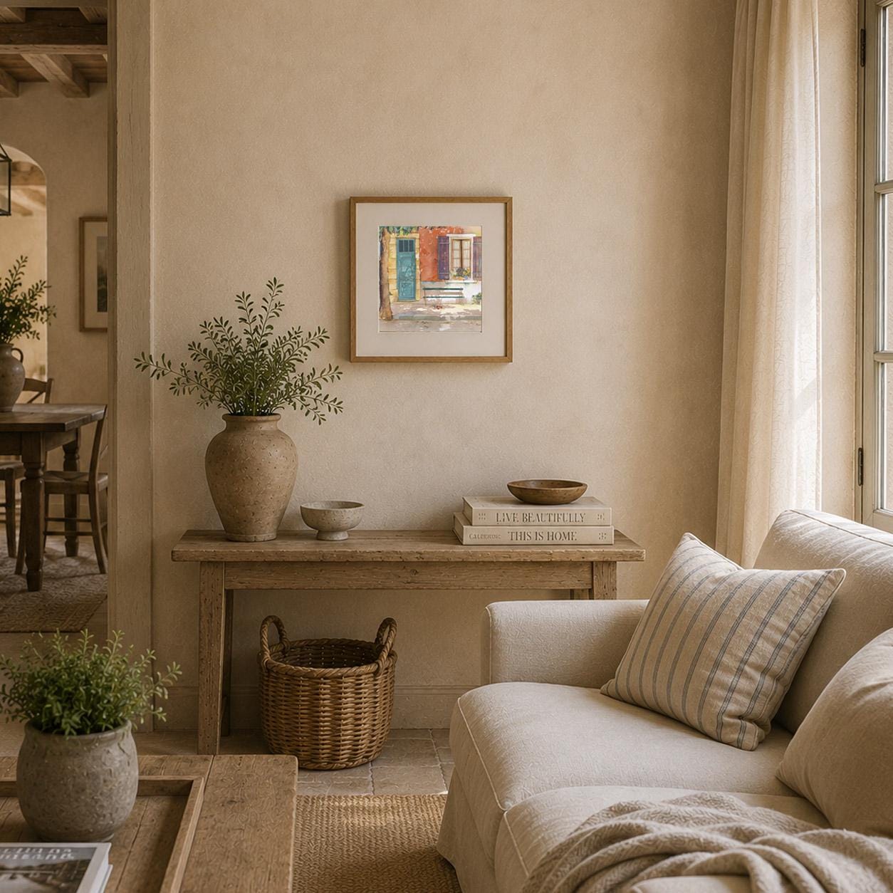 a cozy living room with a beige sofa, a wooden coffee table, and a wicker basket. The room is decorated with a painting on the wall, a vase with greenery, and a stack of books. The overall color scheme is neutral, creating a warm and inviting atmosphere.
