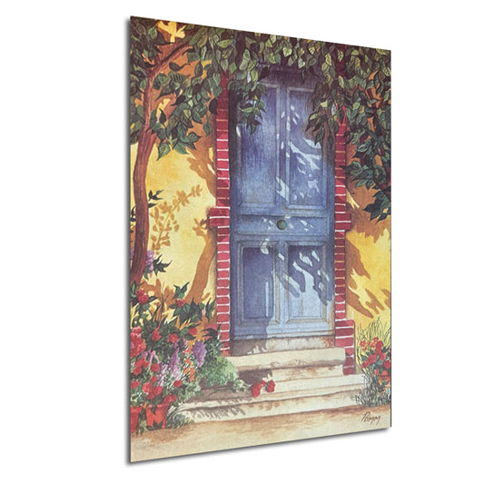 A watercolor painting depicting a blue wooden door set in a yellow wall, surrounded by a lush garden with colorful flowers and plants.