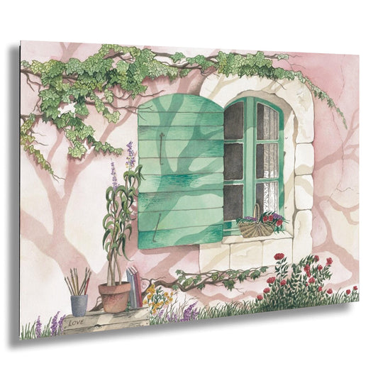 A watercolor painting depicting a quaint, colorful house with a green shutter, surrounded by lush greenery, flowers, and a small garden.