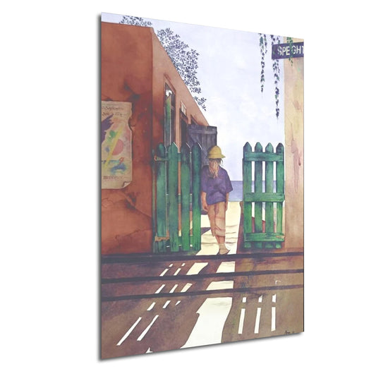 a person walking through a green wooden gate, with a sign that reads "SPEC" visible on the gate.