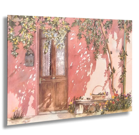 A watercolor painting depicting a pink building with a wooden door, a window with lace curtains, and a bench with flowers in front of the building.