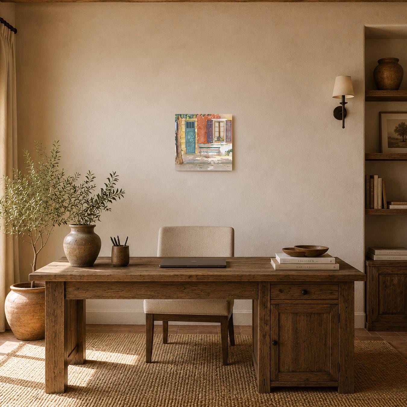 a serene and cozy workspace with a wooden desk, a comfortable chair, and a potted plant. The desk is positioned against a wall with a painting hanging above it. The room also features a bookshelf and a window, creating a warm and inviting atmosphere.