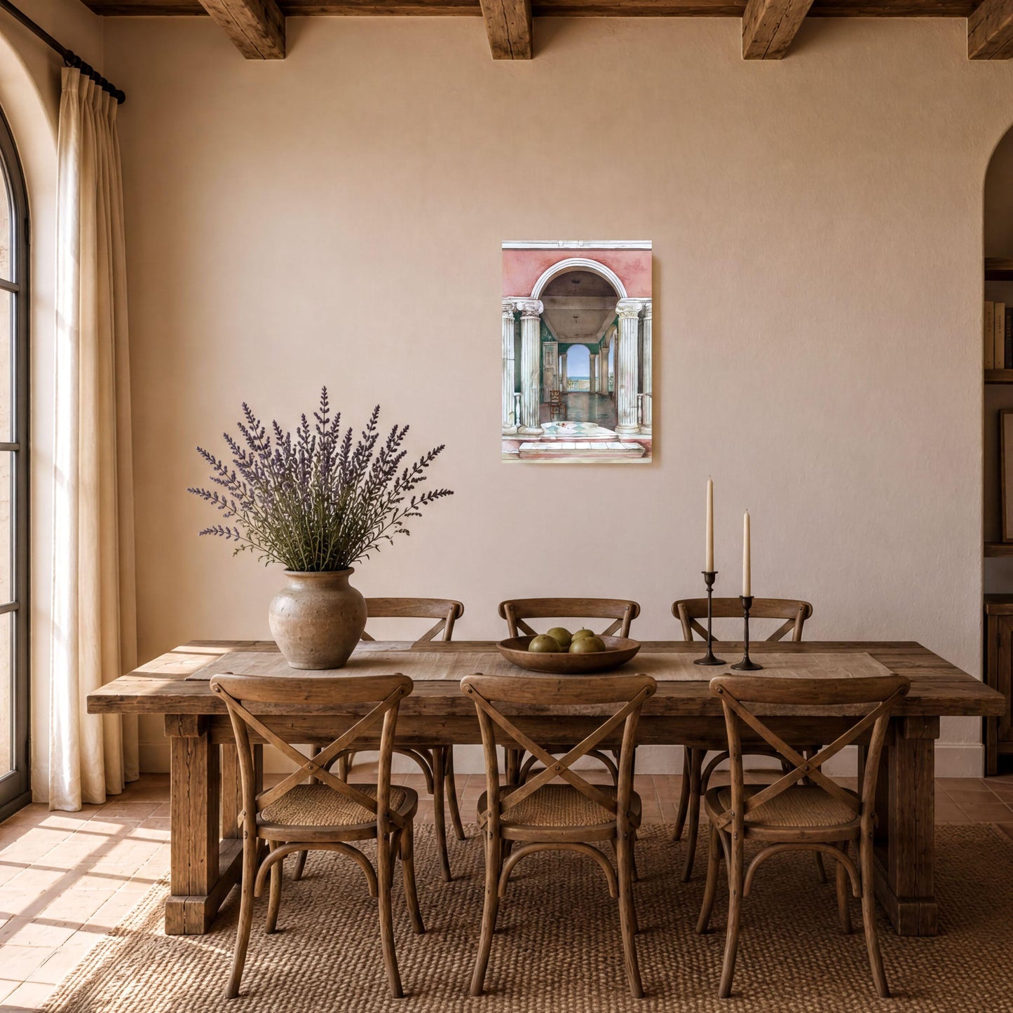 a cozy dining room with a wooden table and chairs, a vase of purple flowers, and a framed artwork on the wall.