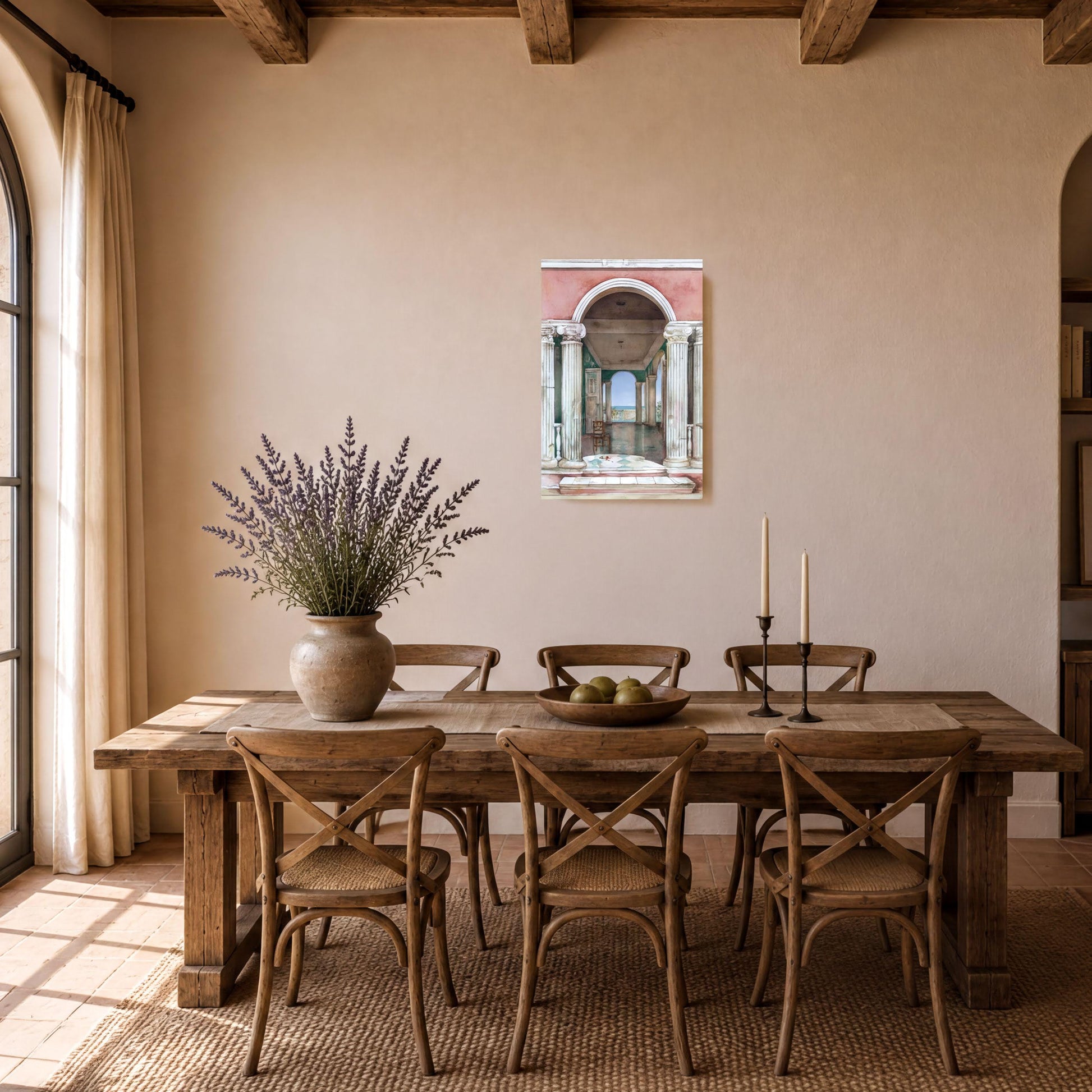 a cozy dining room with a wooden table and chairs, a vase of purple flowers, and a framed artwork on the wall.
