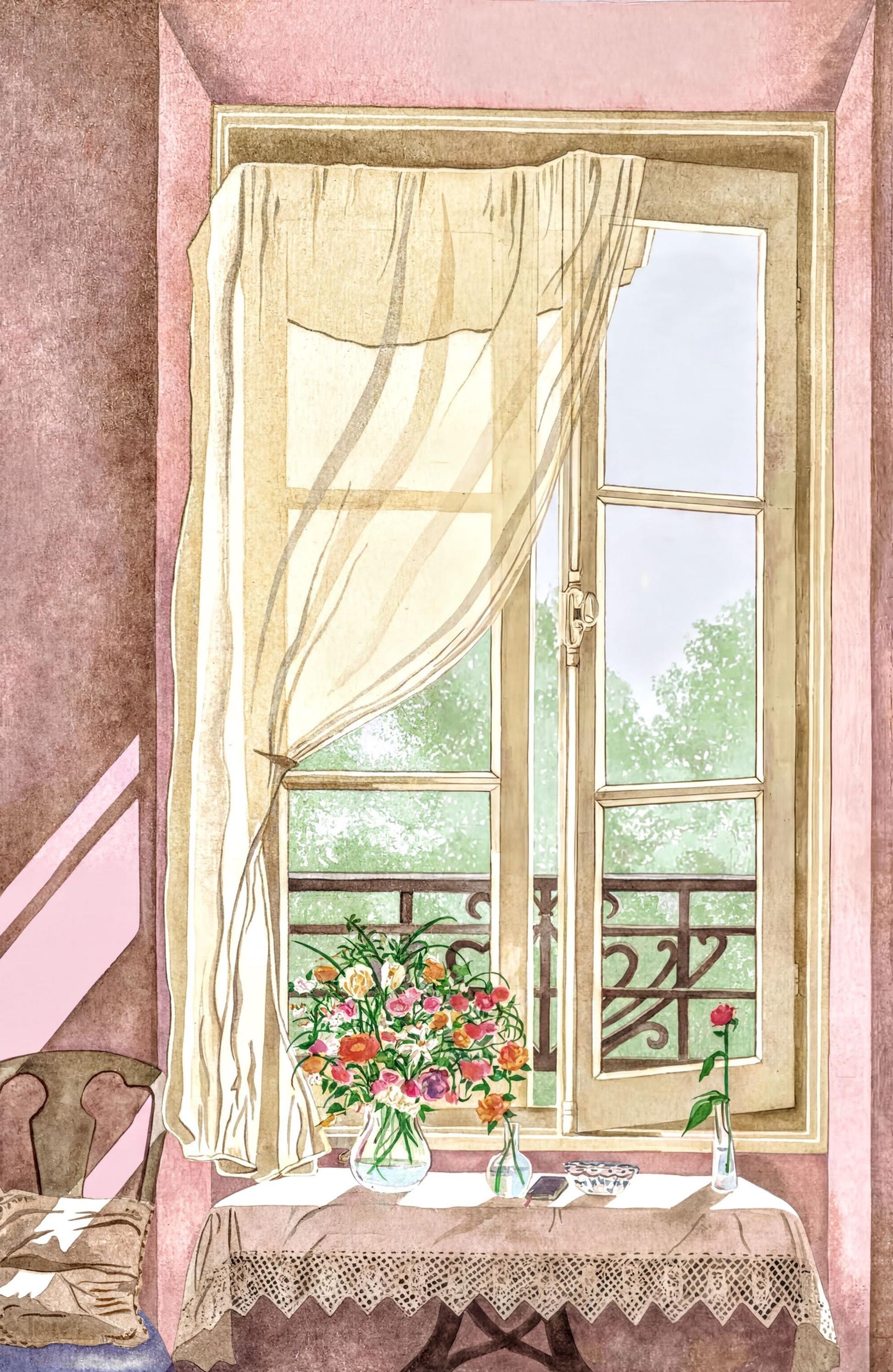 A cozy room with a large window, a table with a vase of flowers, and a pink wall.