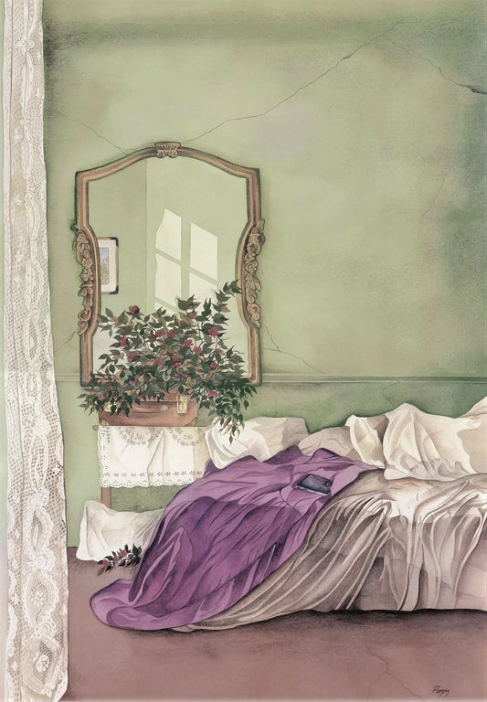 a serene bedroom scene with a bed, a mirror, and a vase of flowers. The bed is covered with a purple blanket and has white pillows. The mirror is positioned above the bed, reflecting the room's interior. A vase of flowers is placed on a table next to the bed. The walls are painted in a soothing green color, and a lace curtain is visible on the left side of the image.