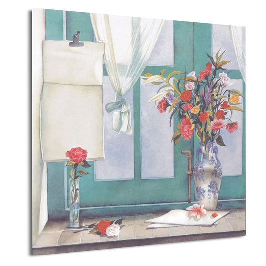 a serene indoor scene with a vase of vibrant red and pink flowers, a blank piece of paper, and a window with white curtains.