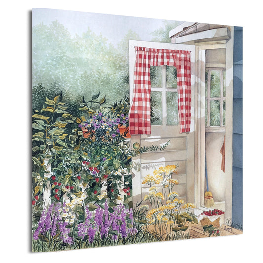 a charming garden scene with a white wooden door, a red and white checkered curtain, and a lush garden filled with various flowers and plants.
