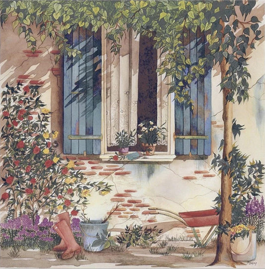 a painting of a house with flowers and a window