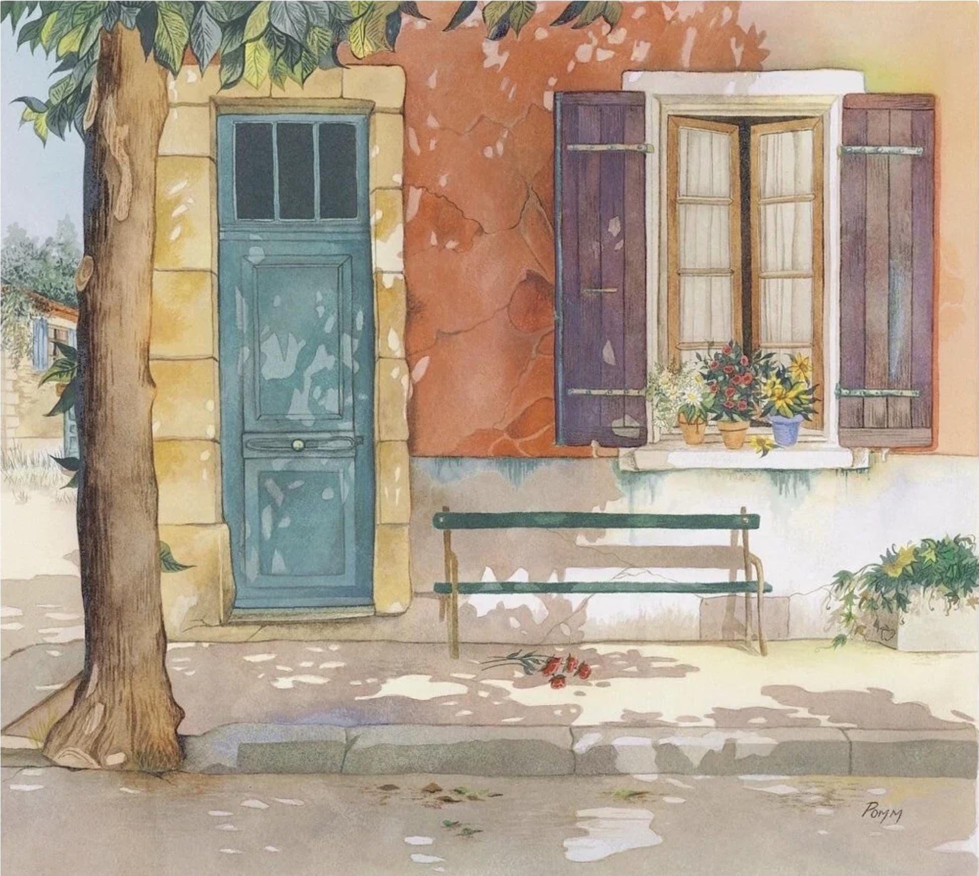 a quaint street scene with a blue door, a window with purple shutters, and a bench with flowers on the sidewalk.