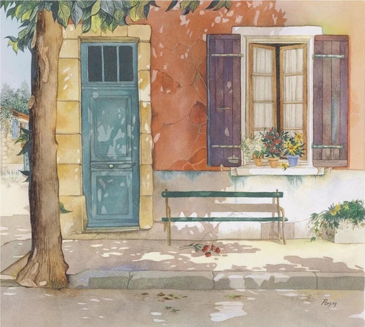 a quaint street scene with a blue door, a window with purple shutters, and a bench with flowers on the sidewalk.