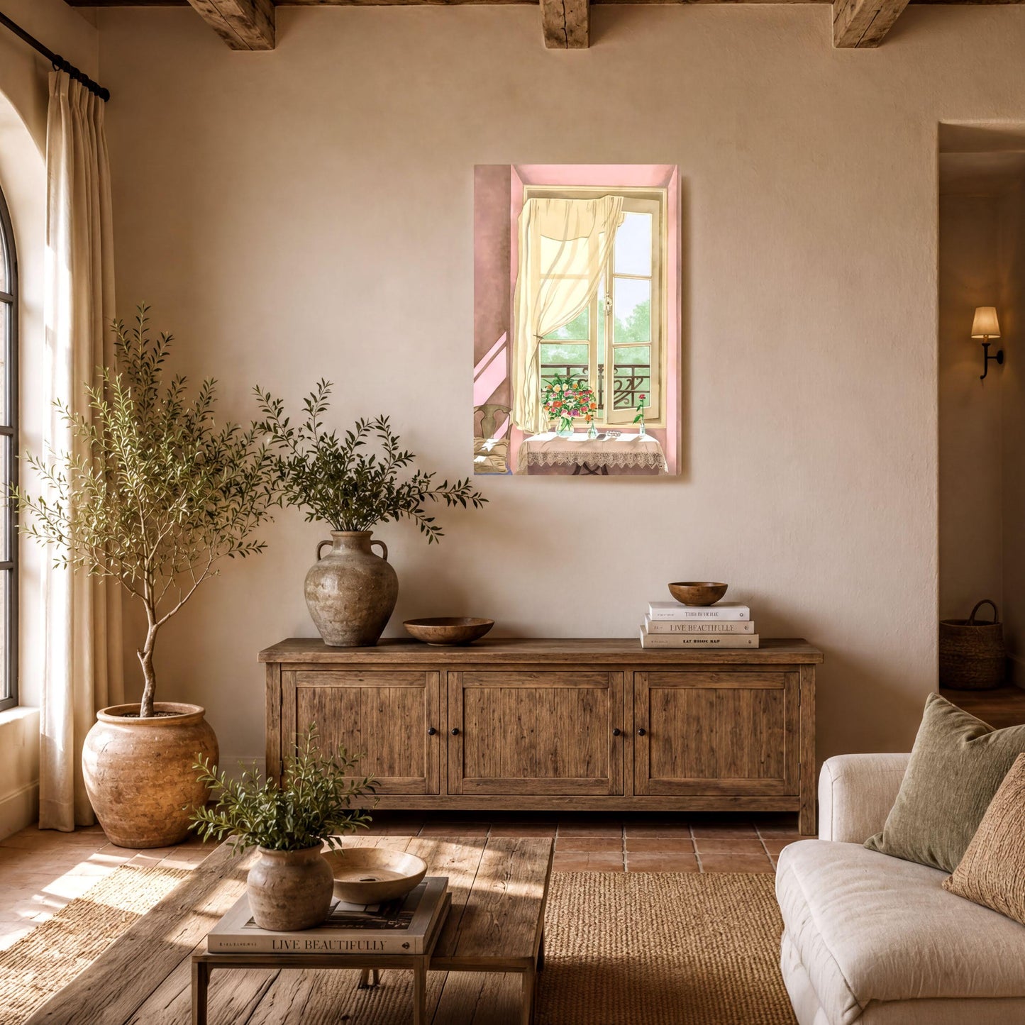 a cozy living room with a large window, wooden furniture, and various decorative elements such as potted plants and vases.
