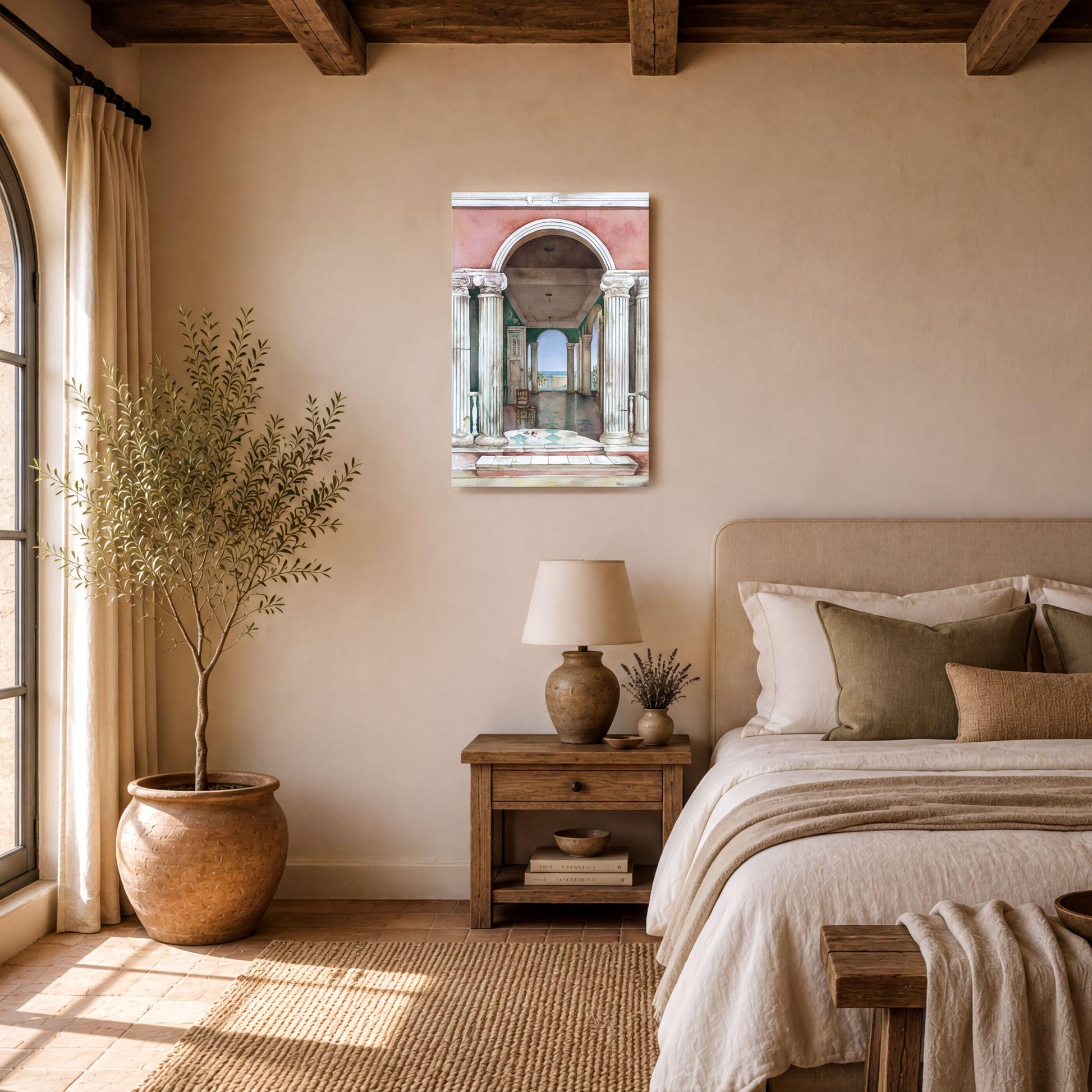 a serene and cozy bedroom with a large window, a wooden nightstand, a comfortable bed, and a potted plant. The room has a warm and inviting atmosphere, with a painting of an archway hanging on the wall.