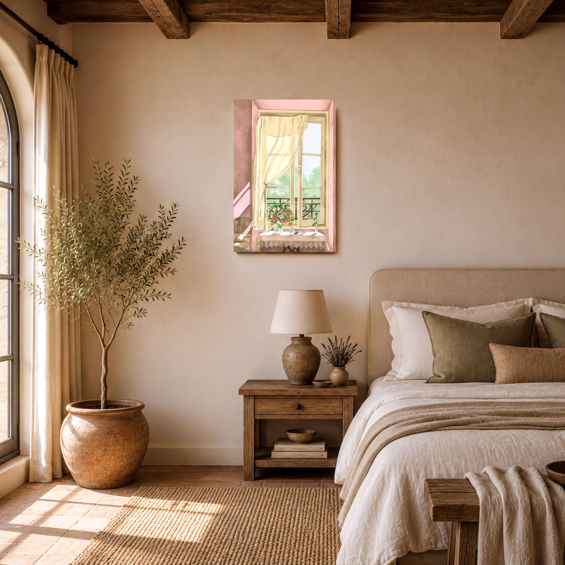 a serene and cozy bedroom with a large window, a wooden nightstand, a comfortable bed, and a potted plant.