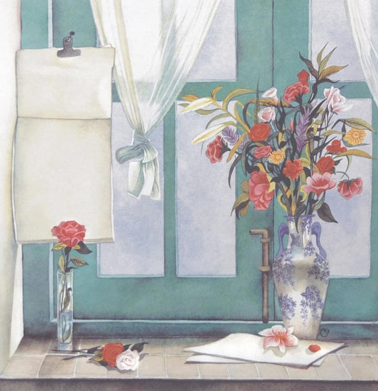 a serene indoor scene with a vase of vibrant flowers, a blank piece of paper, and a lamp on a windowsill.